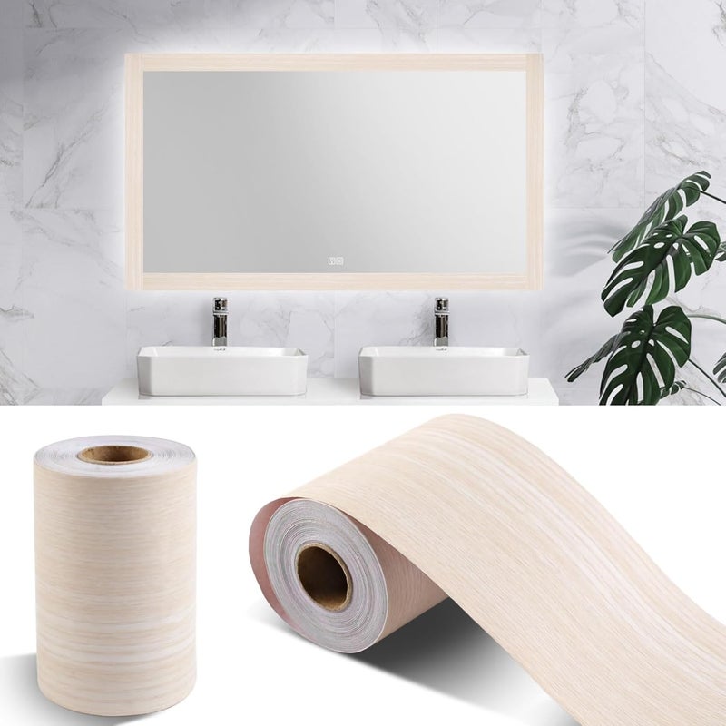 Rindion 45 FT Beige Wood Grain Wallpaper Border, Removable Waterproof Mirror Frame Border, Self Adhesive Kitchen Bathroom Mirror Frame Sticker (3.94Inch X 45.9 Ft) - Image 1